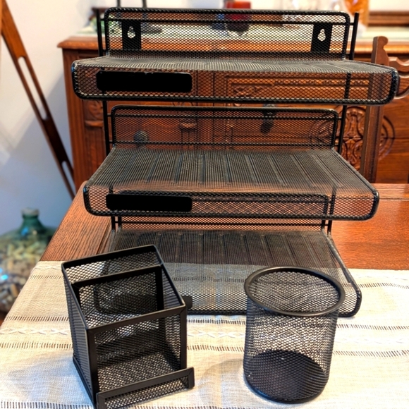 Black Mesh Desk Organizer Set -3 Tier In/Out Basket/Pencil Cup/ 3 Slot Organizer - Picture 2 of 9